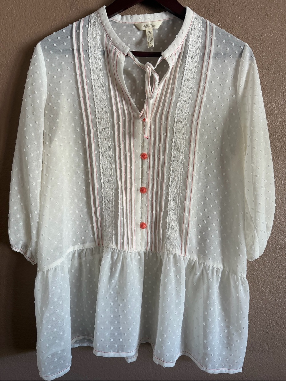 Matilda Jane White Swiss Dot Sheer Peasant Blouse with Pink Trim Size Medium